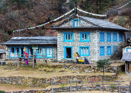 Stone Building at remote Lodge in Himalaya Mountainsのeditorial素材