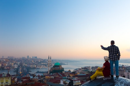 Man and Woman excited of morning City top Viewの写真素材