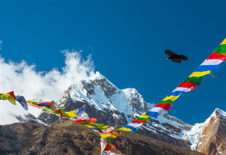 Majestic Mountain View with Buddhist Prayer Flags and Birdの写真素材
