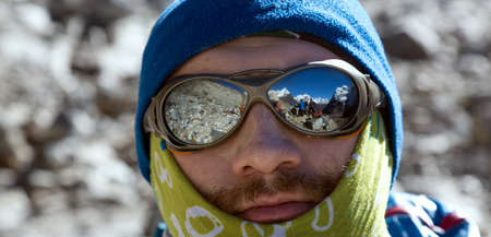 Close Up Portrait of Mountain Climber in warm Headwearの写真素材