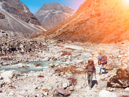 Group of Hikers walking in Mountains along wild Mountain River