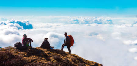 Group of sporty People travelling in Himalaya Mountainsの写真素材
