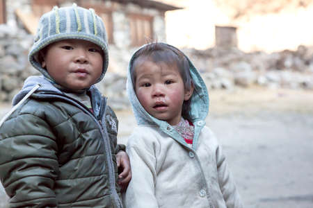 Portrait of little Nepalese Children in remote Himalaya Villageのeditorial素材