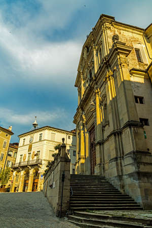 square and church in Piazza in the upper part of Mondovi in Italyのeditorial素材