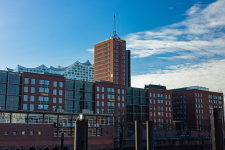 Hamburg Hafencity with view to the Elbphilharmonie in morning lightのeditorial素材
