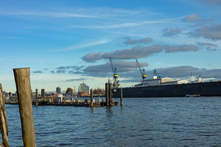 View of the port of Hamburg from the river Elbe, Germanyのeditorial素材