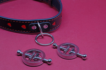collar and nipple clamps on a red background. BDSM concept.