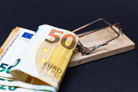 Euro banknotes in a mousetrap on a black backgroundの写真素材