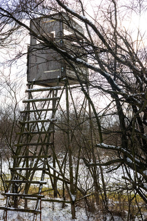 <p>wooden raised hide for hunting in winter</p>の写真素材