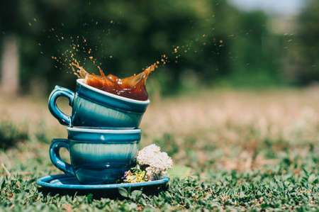 Two blue ceramic cups on the grass with a splash of coffee decorated with summer flowersの写真素材