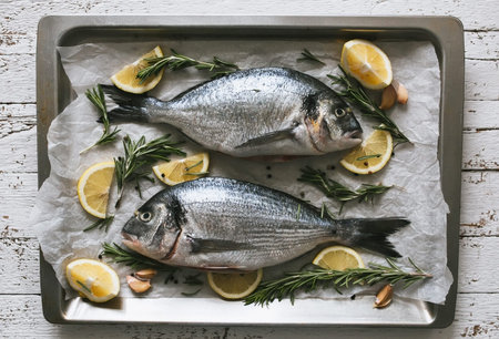 Fresh uncooked Dorado or sea bream fish with lemon and rosemary lie on a metal baking tray on the white wooden background. Top viewの写真素材