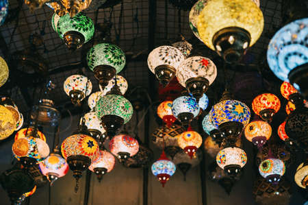 colored turkish lamps hanging at the Grand Bazaar in Istanbulの写真素材