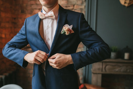 A young groom, man in a blue suit and a pink bow tie button his jacket against the backdrop of a...