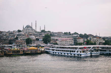 Istanbul, Turkey - July 2014. View of Istanbul, boats. Golden Horn Bay and the Blue Mosque from the Galata Bridgeのeditorial素材