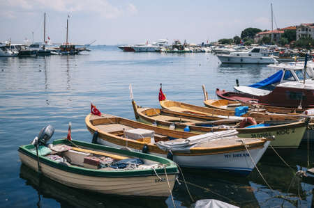 Princes Islands, Turkey - July 2014. Wooden boats and yachts in the Bay of Buyukada in the Sea of Marmaraのeditorial素材