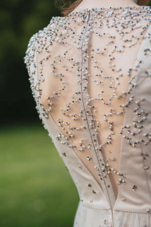 Women's back in a beautiful beige dress with a cut and embroidery of beadsの写真素材