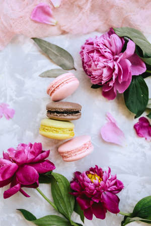 Spring composition: colorful macaroons with purple and pink peonies, green leaves on a concrete background and a pink clothの写真素材