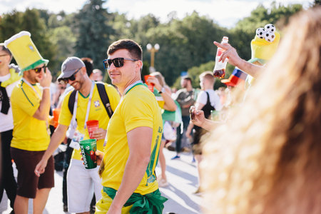 MOSCOW, RUSSIA - JUNE 2018 Brazilian fan on the fan zone during the World Cup