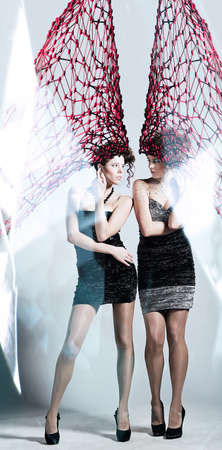 two women with big netの写真素材