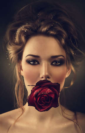 woman with rose and drops in hair in darkの写真素材