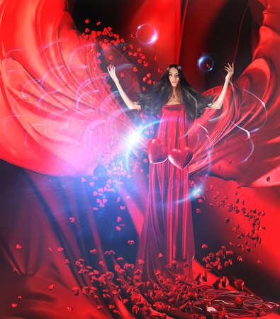 goddess of love in long red dress with magnificent hair makes a magic ritual of connecting hearts of people on red drapery, fabricの写真素材