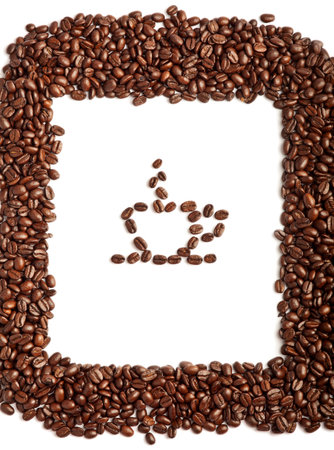 Coffee beans border with coffe cup beans on the white backgroundの写真素材