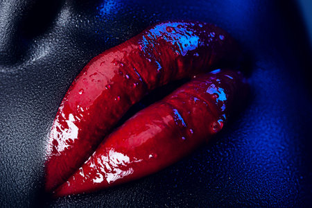 close-up lips of woman in blue light