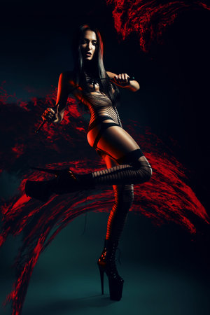 bdsm woman with whip in lavaの写真素材