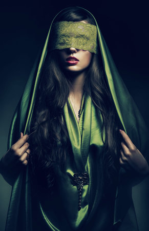 mysterious woman in green bandage on eyesの写真素材