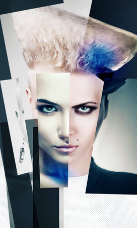 collage portrait of agressive punk blond woman