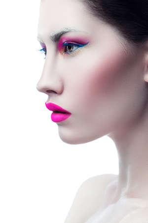 woman with big magenta lips on white backgroundの写真素材