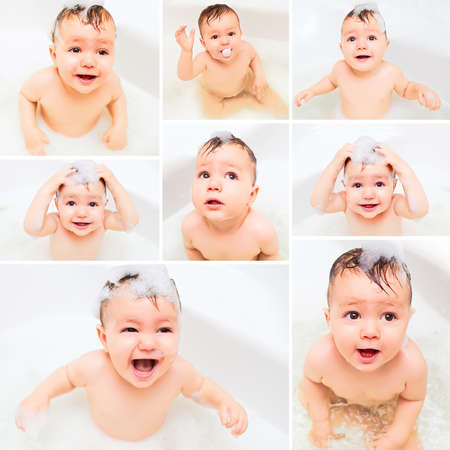 collage of a child bathes in bathroomの写真素材