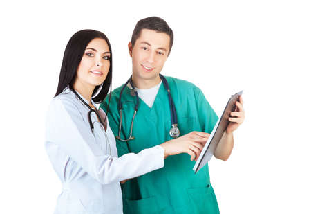 doctors looking at good results on white backgroundの写真素材