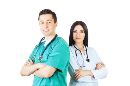 medical team with stethoscopes on white backgroundの写真素材