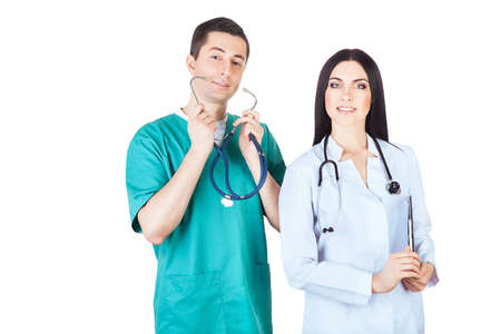 smiling cute doctors on white backgroundの写真素材