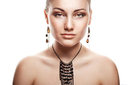 attractive beautiful woman with accessorize on white backgroundの写真素材