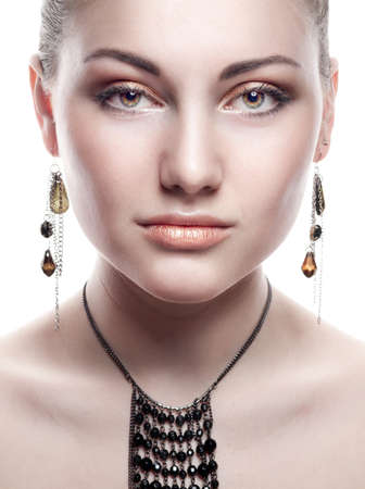 attractive beautiful woman with accessorize on white backgroundの写真素材