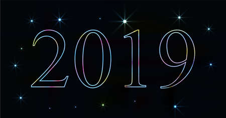2019 Happy New Year card, Glowing Neon Light, Abstract Design element for Ads, Poster, Flyer, banner. Vector illustrationのイラスト素材