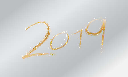 Happy new Year Card, 2019 Golden Text, Cretaive Typography decorate with bright sparkle, Vector Illustrationのイラスト素材