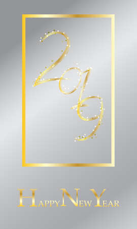 Happy new Year Card, 2019 Golden Text, Cretaive Typography decorate with bright sparkle, Vector Illustrationのイラスト素材