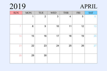2019 Calendar, April, Schedule Planner, organizer, weeks start from Sunday, Vector Illustrationのイラスト素材