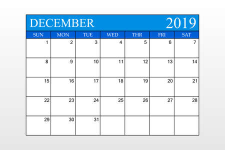 2019 Calendar, December, Blue Theme, Schedule Planner, organizer, weeks start from Sunday, Vector Illustrationのイラスト素材