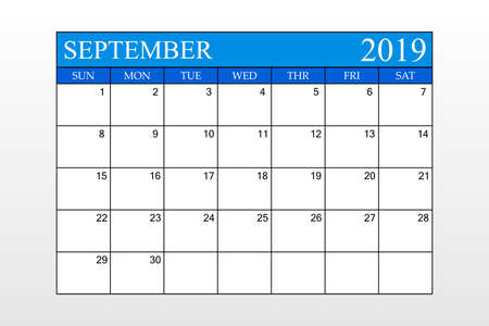 2019 Calendar, September, Blue Theme, Schedule Planner, organizer, weeks start from Sunday, Vector Illustrationのイラスト素材