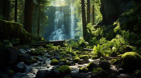 lush greenery clinging to the moss-covered cliffs and vibrant wildflowers dotting the riverbanks. The sound of rushing water fills the air, instilling a sense of awe and tranquilityspectacle of natural beauty,の素材