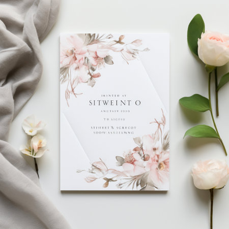 Wedding Card Invitation, featuring dreamy illustrations, romantic watercolor florals, AI Generatedの素材