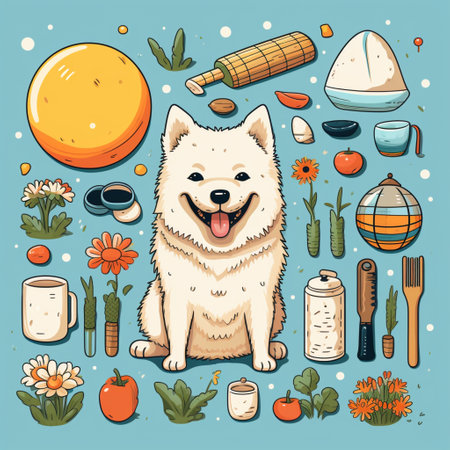Adorable cat on blue back ground, flat design, soft color, line up with flower, floral, AI Generated.の素材