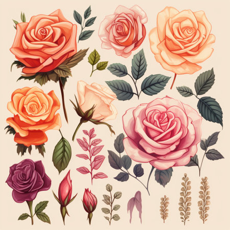 Flower, knolling items sheet, leaves, petals realistic, flat colors, cute simple design, bright soft color, painted with transparent watercolor, AI Generated.の素材