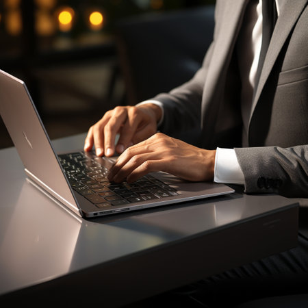 A sleek and modern laptop, with a metallic finish and a backlit keyboard. Hand of businessman on keyboard, business professionals, AI Generated.の素材