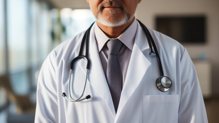 Medical doctor, cross arm, close - up on chest area, stethoscope, clinic, hospital room as background, AI Generated.の素材