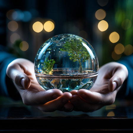 Hand holding crystal globe with greenery inside, Global worming, care for the world, environmental protection, AI Generated.の素材